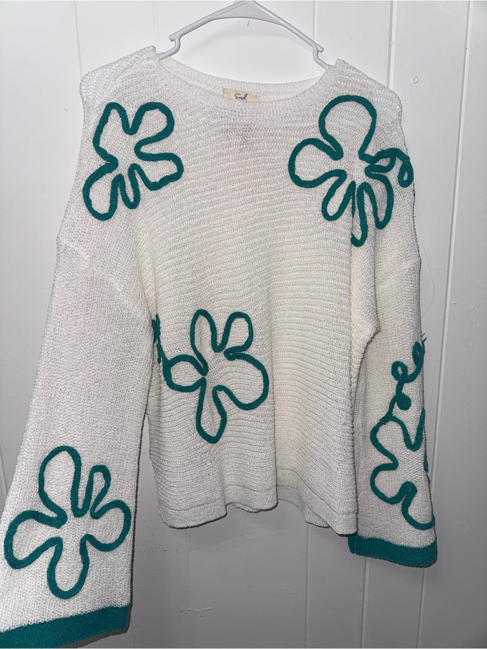 Cream Crewneck Sweater with Teal Floral Appliqués
